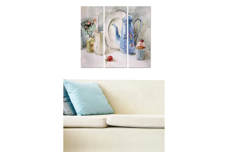 Canvastavla i trä 3-delar 50x70 cm - Stillhet med en blå kaffekanna och bakverk, Blå / Grön / Beige