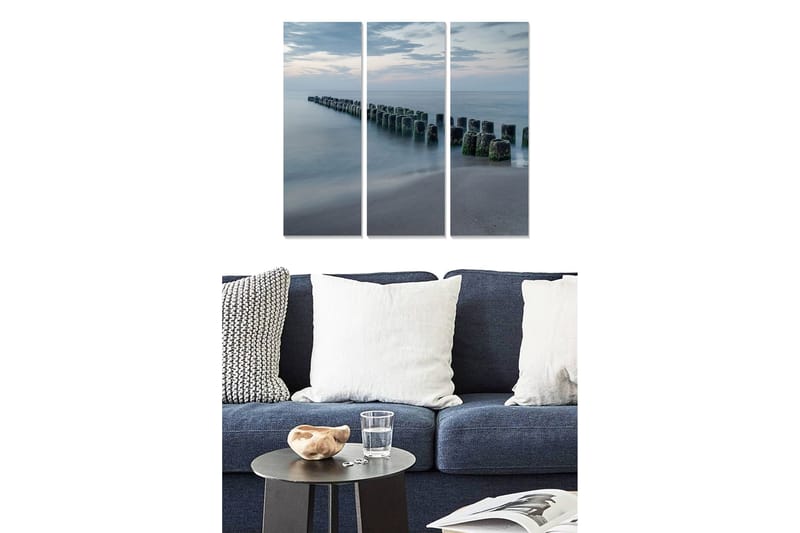 Canvastavla i trä 3-delar 50x70 cm - Stillhet vid havet med en rad av pålar i vattnet - Blå / Grå / Grön - Inredning & dekor - Tavlor & konst - Canvastavla