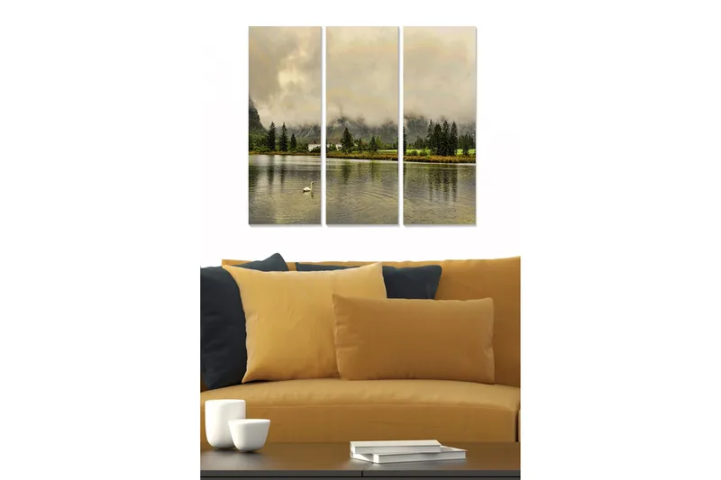 Canvastavla i trä 3-delar 50x70 cm - Stillhet vid sjön med reflekterande vattenytor och omgivande träd - Grön / Beige / Grå - Inredning & dekor - Tavlor & konst - Canvastavla