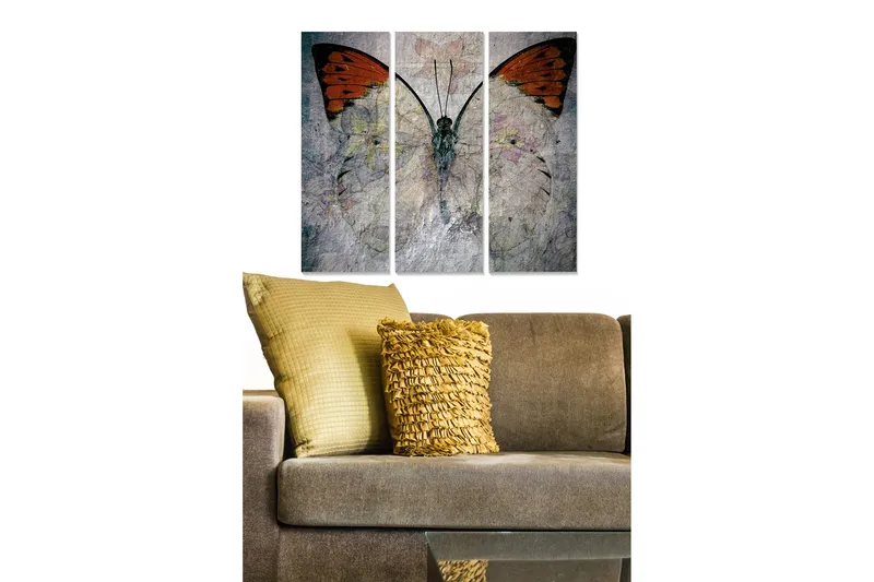 Canvastavla i trä 3-delar 50x70 cm - Storslagen fjäril med orangea vingar, Orange / Grå / Vit