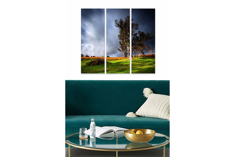 Canvastavla i trä 3-delar 50x70 cm - Storslagen landskapsvy med ett ensamt träd på en grön kulle under dramatiska moln - Grön / Mörkblå / Orange - Inredning & dekor - Tavlor & konst - Canvastavla