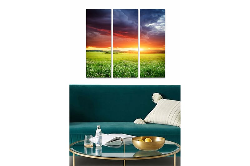 Canvastavla i trä 3-delar 50x70 cm - Storslagen solnedgång över en grön äng, Grön / Orange / Blå