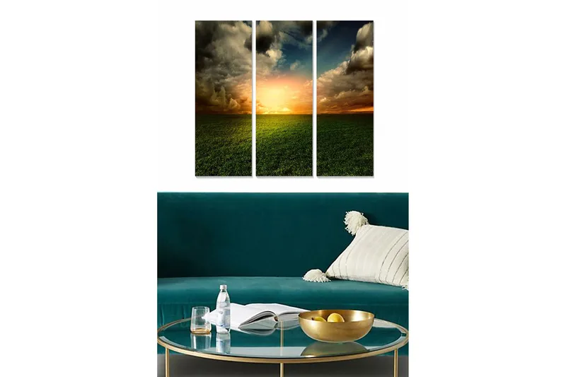 Canvastavla i trä 3-delar 50x70 cm - Storslagen solnedgång över ett öppet landskap, Grön / Orange / Blå