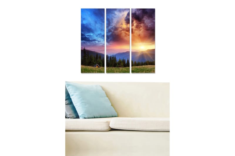 Canvastavla i trä 3-delar 50x70 cm - Storslagen solnedg ång över fjällandskap, Blå / Orange / Grön