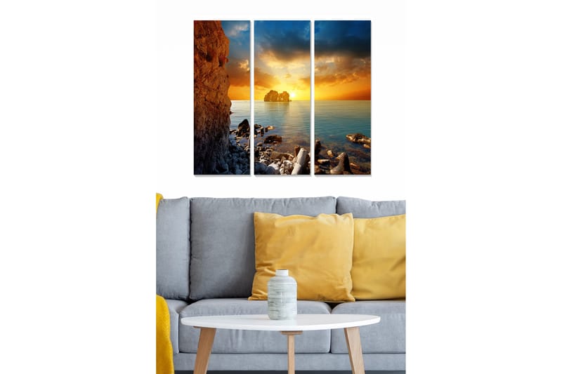 Canvastavla i trä 3-delar 50x70 cm - Storslagen solnedgång över havet med klippformationer i förgrunden - Orange / Blå / Grå - Inredning & dekor - Tavlor & konst - Canvastavla