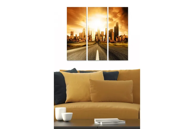 Canvastavla i trä 3-delar 50x70 cm - Storslagen stadsutsikt vid solnedgång, Guld / Brunt / Svart
