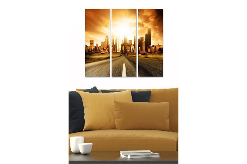 Canvastavla i trä 3-delar 50x70 cm - Storslagen stadsutsikt vid solnedgång, Guld / Brunt / Svart