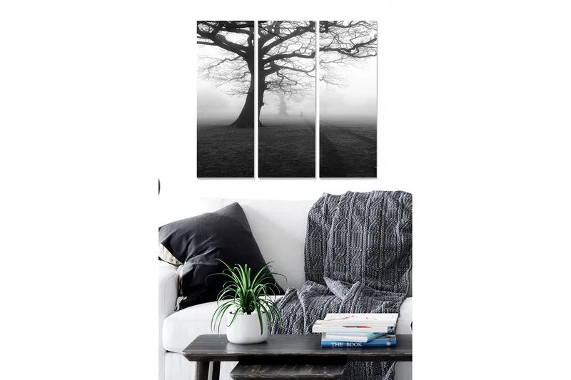 Canvastavla i trä 3-delar 50x70 cm - Stort, naket träd i dimmig landskapsscen, Svart / Grå