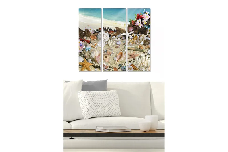 Canvastavla i trä 3-delar 50x70 cm - Strandmotiv med snäckor och blommor, Blå / Beige / Rosa