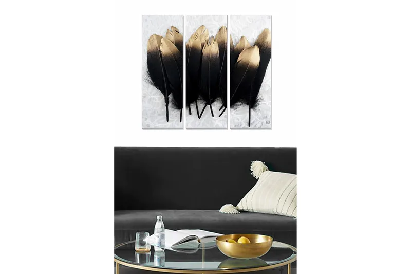 Canvastavla i trä 3-delar 50x70 cm - Svart och guld fjädrar i en elegant komposition - Svart / Guld - Inredning & dekor - Tavlor & konst - Canvastavla