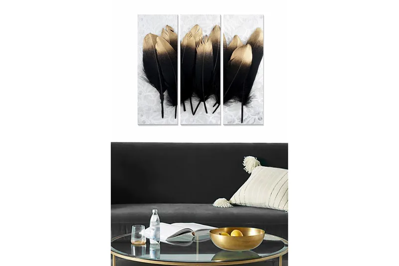 Canvastavla i trä 3-delar 50x70 cm - Svart och guld fjädrar i en elegant komposition, Svart / Guld