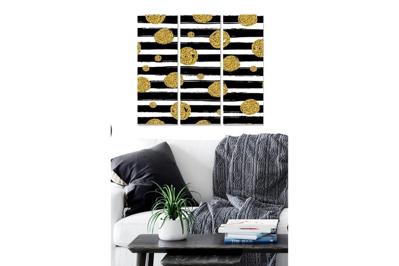Canvastavla i trä 3-delar 50x70 cm - Svart och vit abstrakt komposition med gyllene cirklar, Guld / Svart / Vit