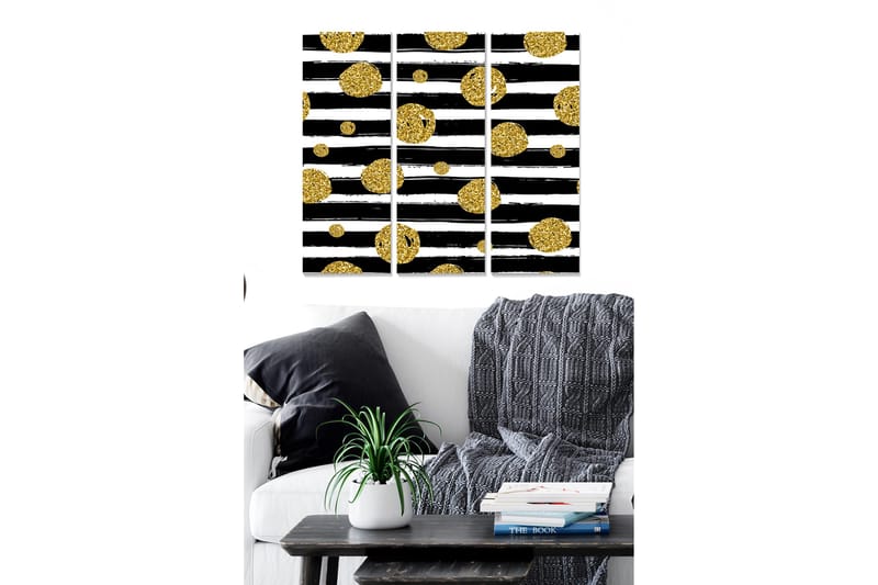 Canvastavla i trä 3-delar 50x70 cm - Svart och vit abstrakt komposition med gyllene cirklar, Guld / Svart / Vit