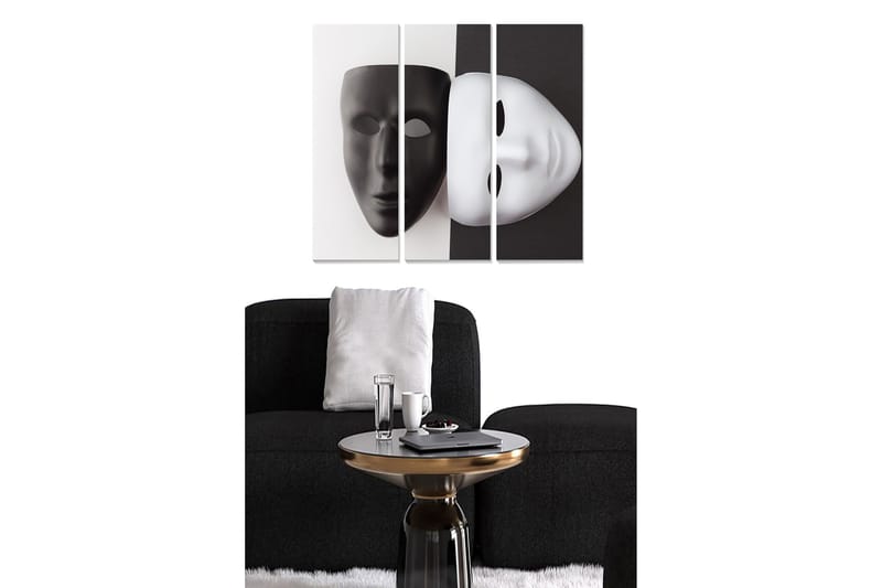 Canvastavla i trä 3-delar 50x70 cm - Svart och vit mask som symboliserar dualitet och identitet, Svart / Vit