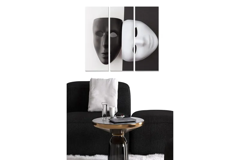 Canvastavla i trä 3-delar 50x70 cm - Svart och vit mask som symboliserar dualitet och identitet, Svart / Vit