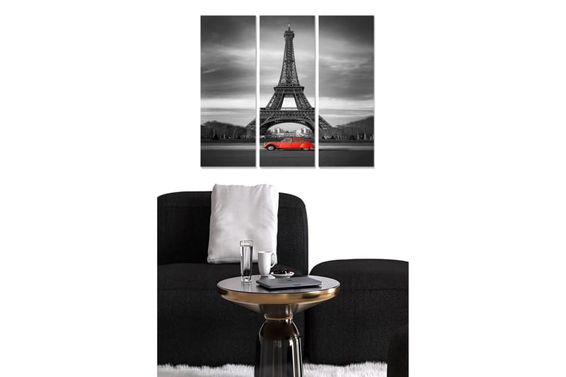 Canvastavla i trä 3-delar 50x70 cm - Svartvit bild av Eiffeltornet med en röd bil i förgrunden, Röd / Svart / Grå