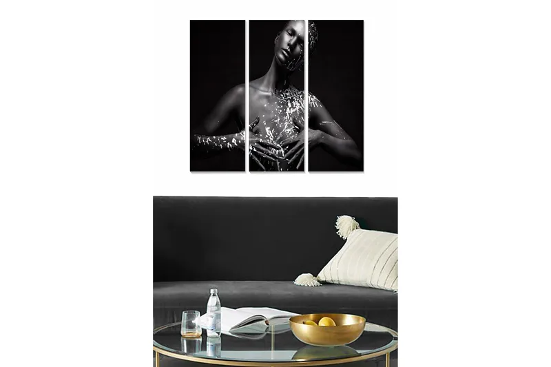 Canvastavla i trä 3-delar 50x70 cm - Svartvit porträtt av en kvinna med konstnärlig kroppsmålning, Svart / Vit