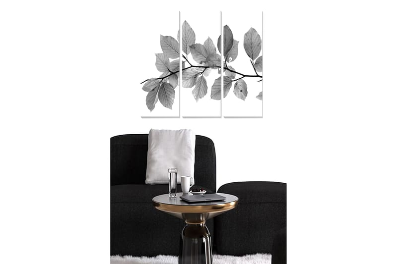 Canvastavla i trä 3-delar 50x70 cm - Svartvita blad på en gren, Svart / Grå / Vit