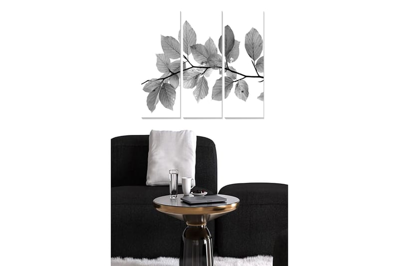 Canvastavla i trä 3-delar 50x70 cm - Svartvita blad på en gren, Svart / Grå / Vit