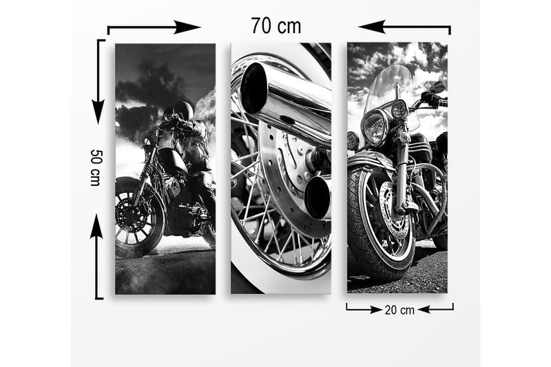 Canvastavla i trä 3-delar 50x70 cm - Svartvita motorcyklar i dynamisk komposition - Svart / Vitt / Grått - Inredning & dekor - Tavlor & konst - Canvastavla