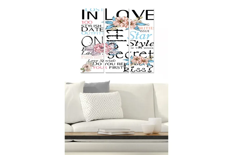 Canvastavla i trä 3-delar 50x70 cm - Textbaserad komposition med blommor och romantiska inslag, Rosa / Blå / Svart