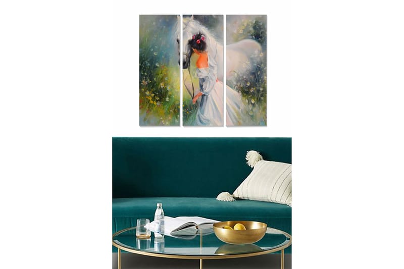 Canvastavla i trä 3-delar 50x70 cm - Tjej med häst i en drömmande landskapsscen - Vit / Grön / Gul - Inredning & dekor - Tavlor & konst - Canvastavla
