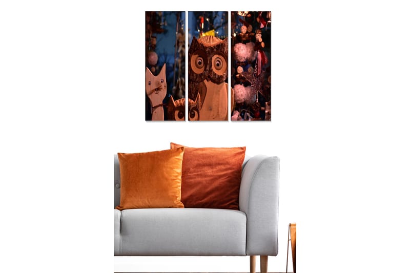 Canvastavla i trä 3-delar 50x70 cm - Tr äskulpturer av en katt och en uggla med stora ögon - Brun / Beige / Vit - Inredning & dekor - Tavlor & konst - Canvastavla
