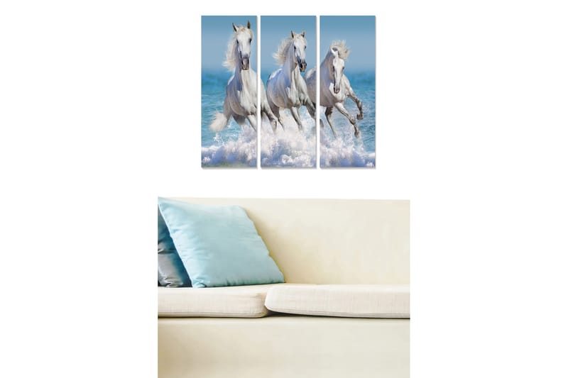 Canvastavla i trä 3-delar 50x70 cm - Tre vita hästar som galopperar genom vatten, Vit / Blå / Turkos