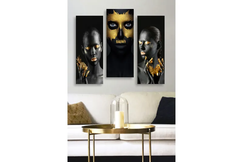 Canvastavla i trä 3-delar 50x70 cm - Tredelad porträttkomposition med ansikten i svart och guld, Svart / Guld