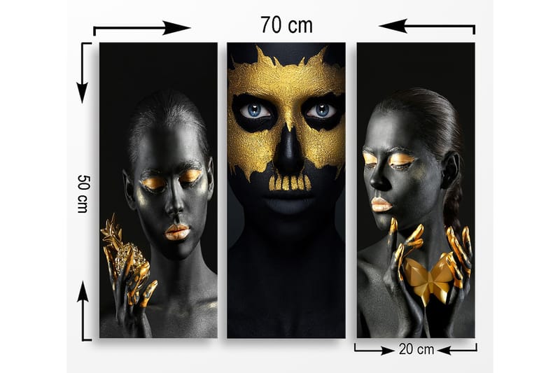 Canvastavla i trä 3-delar 50x70 cm - Tredelad porträttkomposition med ansikten i svart och guld - Svart / Guld - Inredning & dekor - Tavlor & konst - Canvastavla