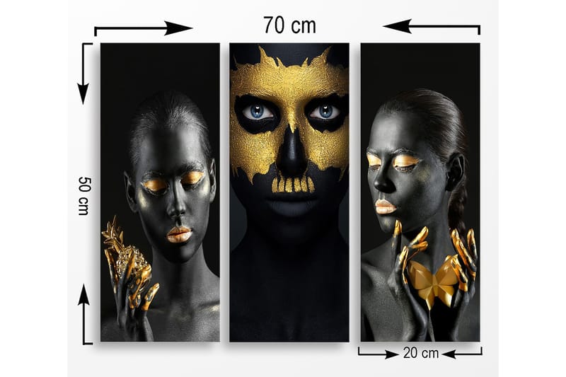 Canvastavla i trä 3-delar 50x70 cm - Tredelad porträttkomposition med ansikten i svart och guld - Svart / Guld - Inredning & dekor - Tavlor & konst - Canvastavla