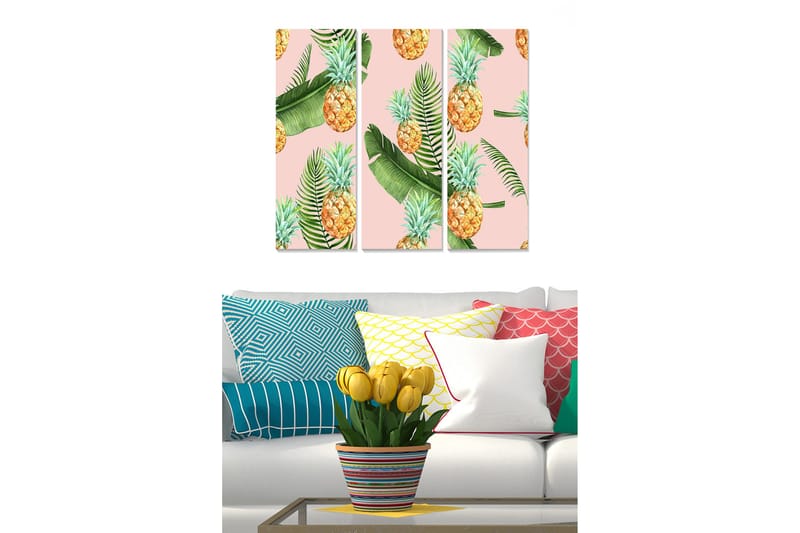 Canvastavla i trä 3-delar 50x70 cm - Tropisk komposition med ananas och gröna blad - Gul / Grön / Rosa - Inredning & dekor - Tavlor & konst - Canvastavla