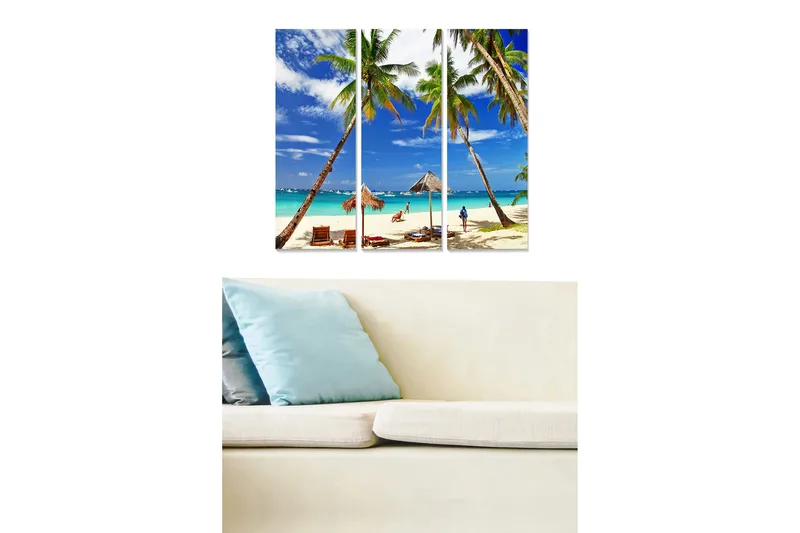 Canvastavla i trä 3-delar 50x70 cm - Tropisk strand med palmer och klarblå himmel - Blå / Grön / Beige - Inredning & dekor - Tavlor & konst - Canvastavla
