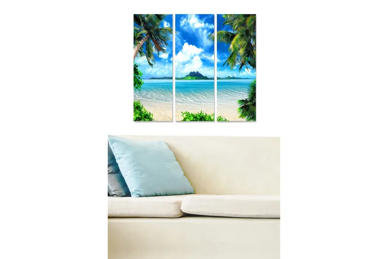 Canvastavla i trä 3-delar 50x70 cm - Tropisk strand med palmer och klarblå himmel - Blå / Grön / Beige - Inredning & dekor - Tavlor & konst - Canvastavla