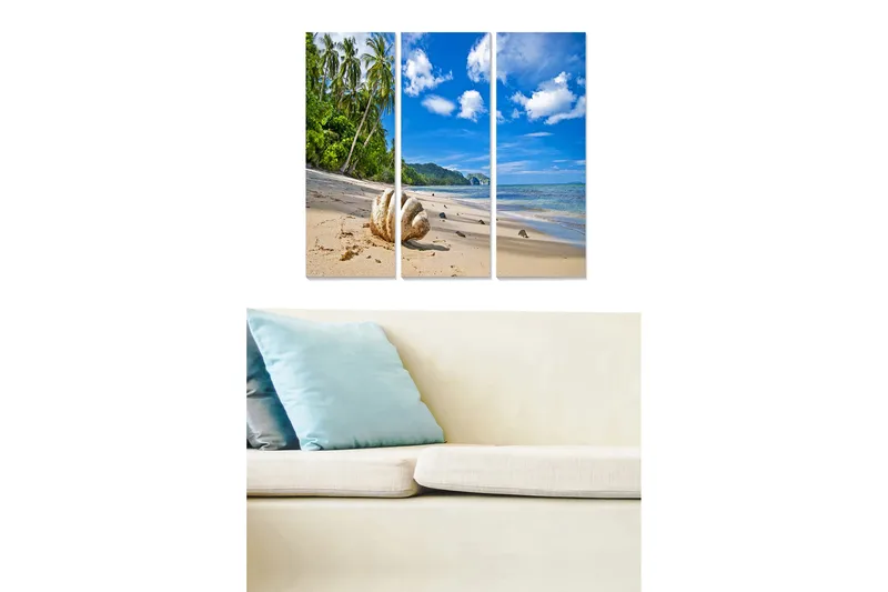 Canvastavla i trä 3-delar 50x70 cm - Tropisk strand med palmer och klart blå himmel - Blå / Grön / Sandbeige - Inredning & dekor - Tavlor & konst - Canvastavla