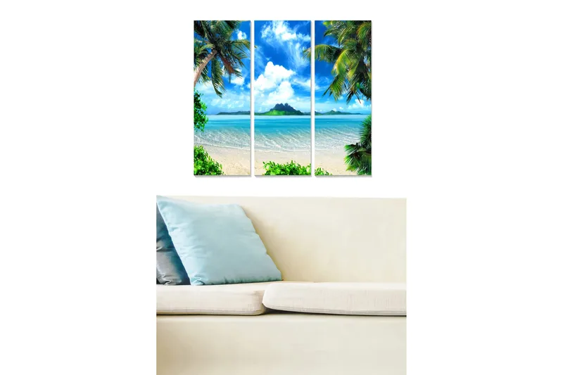 Canvastavla i trä 3-delar 50x70 cm - Tropisk strand med palmer och klarblå himmel, Blå / Grön / Beige