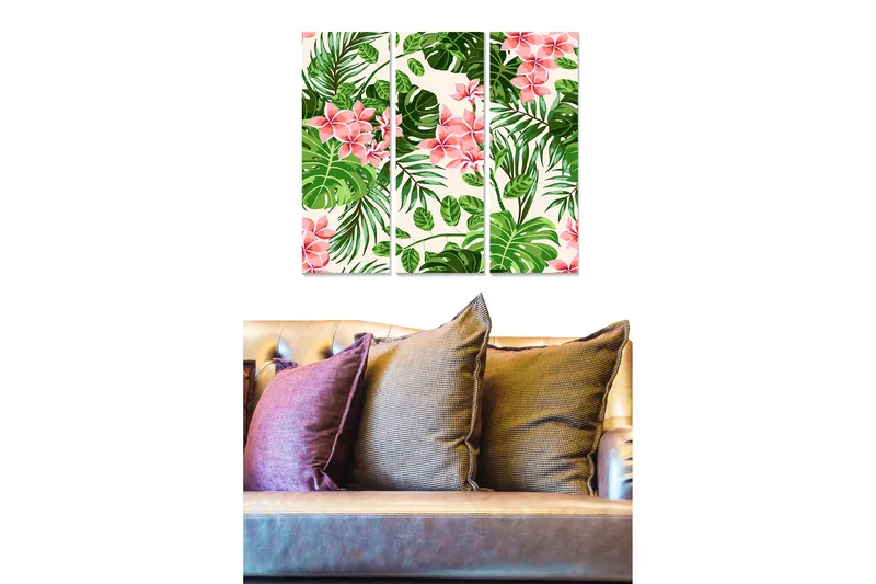 Canvastavla i trä 3-delar 50x70 cm - Tropisk växtkomposition med rosa blommor och gröna blad - Rosa / Grön - Inredning & dekor - Tavlor & konst - Canvastavla