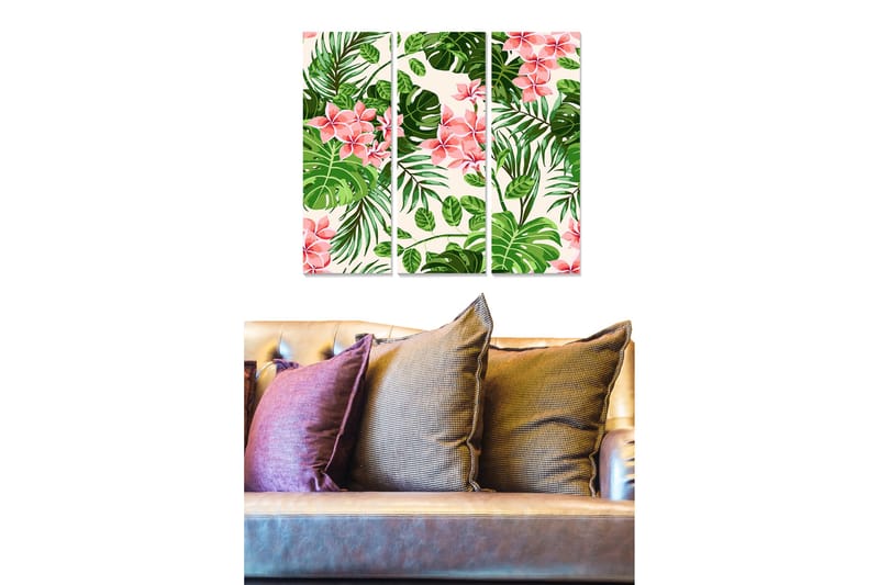 Canvastavla i trä 3-delar 50x70 cm - Tropisk växtkomposition med rosa blommor och gröna blad - Rosa / Grön - Inredning & dekor - Tavlor & konst - Canvastavla