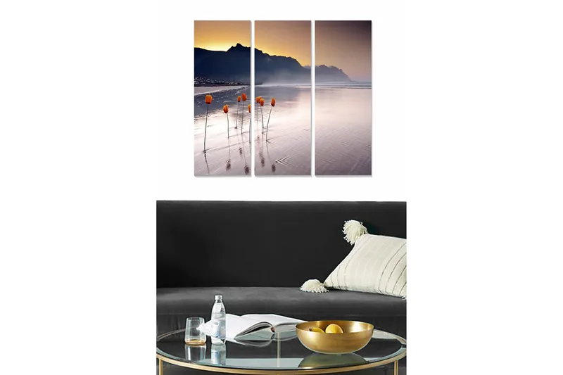 Canvastavla i trä 3-delar 50x70 cm - Tulpaner som växer på en spegelblanka strand vid solnedgången - Orange / Lila / Grå - Inredning & dekor - Tavlor & konst - Canvastavla