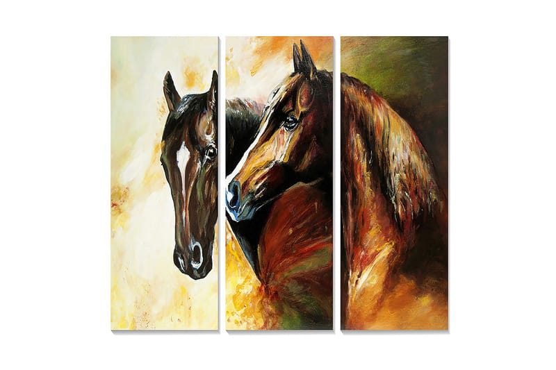 Canvastavla i trä 3-delar 50x70 cm - Två hästar i en intim och uttrycksfull komposition, Mörkbrun / Orange / Gul