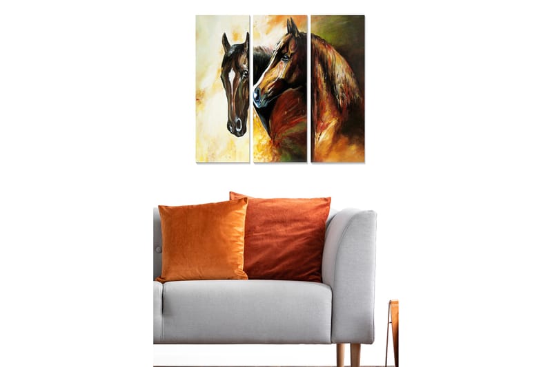 Canvastavla i trä 3-delar 50x70 cm - Två hästar i en intim och uttrycksfull komposition - Mörkbrun / Orange / Gul - Inredning & dekor - Tavlor & konst - Canvastavla