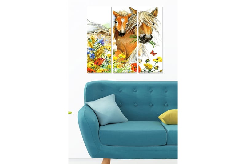 Canvastavla i trä 3-delar 50x70 cm - Två hästar omgivna av färgglada blommor och grönska - Gul / Grön / Blå - Inredning & dekor - Tavlor & konst - Canvastavla