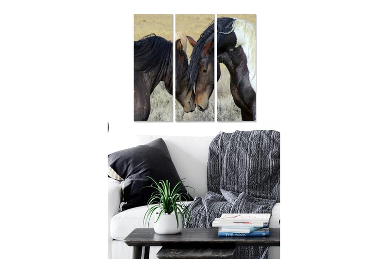 Canvastavla i trä 3-delar 50x70 cm - Två hästar som försiktigt lutar sina huvuden mot varandra, Mörkbrun / Ljusbrun / Vit