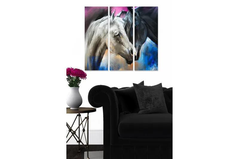 Canvastavla i trä 3-delar 50x70 cm - Två hästars ansikten i en dynamisk komposition, Svart / Vit / Blå