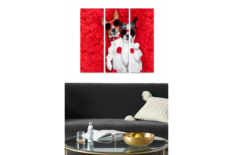 Canvastavla i trä 3-delar 50x70 cm - Två hundar med solglasögon omgivna av röda rosor - Röd / Vit - Inredning & dekor - Tavlor & konst - Canvastavla