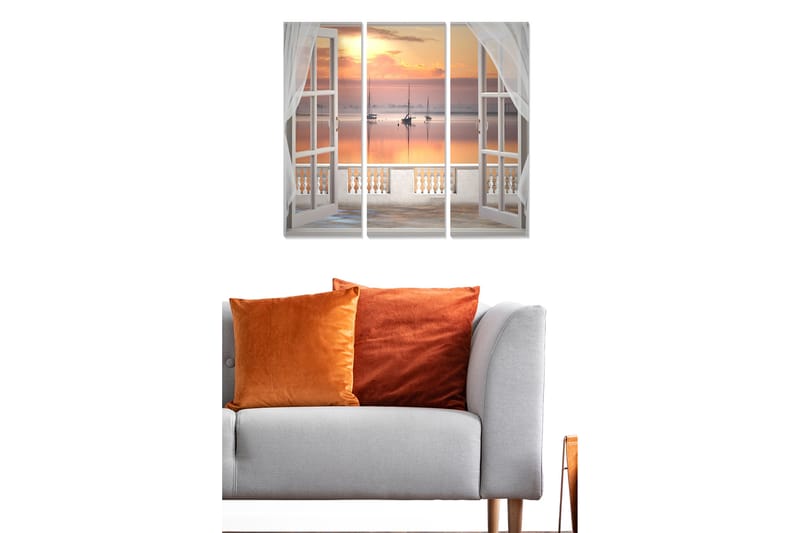 Canvastavla i trä 3-delar 50x70 cm - Utsikt genom ett öppet fönster med segelbåtar i solnedgången, Orange / Ljusblå / Vit