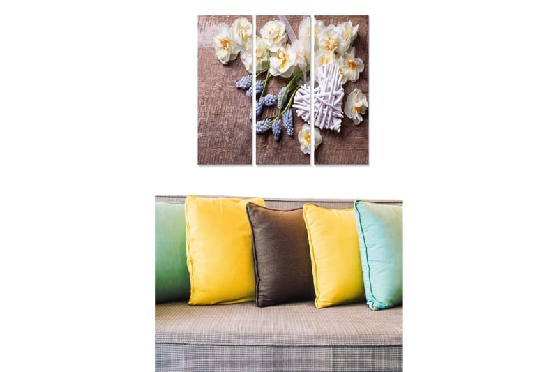Canvastavla i trä 3-delar 50x70 cm - Vacker arrangemang av vita blommor med lila detaljer, Vit / Lila / Beige