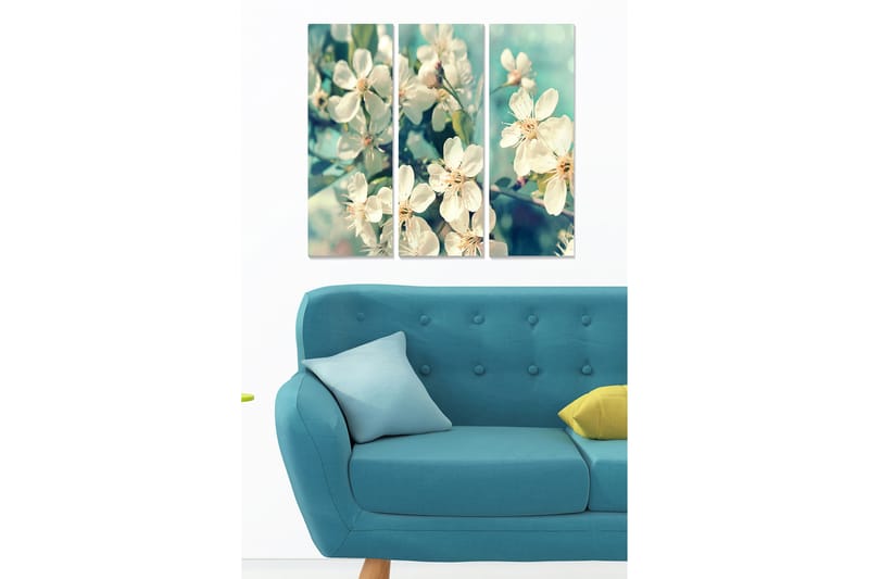 Canvastavla i trä 3-delar 50x70 cm - Vacker blomsterkomposition med vita blommor - Vit / Grön / Ljusblå - Inredning & dekor - Tavlor & konst - Canvastavla