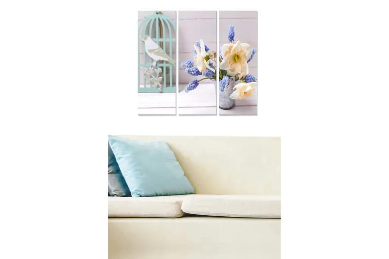 Canvastavla i trä 3-delar 50x70 cm - Vacker bukett av blommor med en fågel i bur - Ljusblå / Vit / Gul - Inredning & dekor - Tavlor & konst - Canvastavla