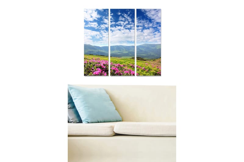 Canvastavla i trä 3-delar 50x70 cm - Vacker fjällandskap med blommande azaleor i förgrunden, Rosa / Grön / Blå